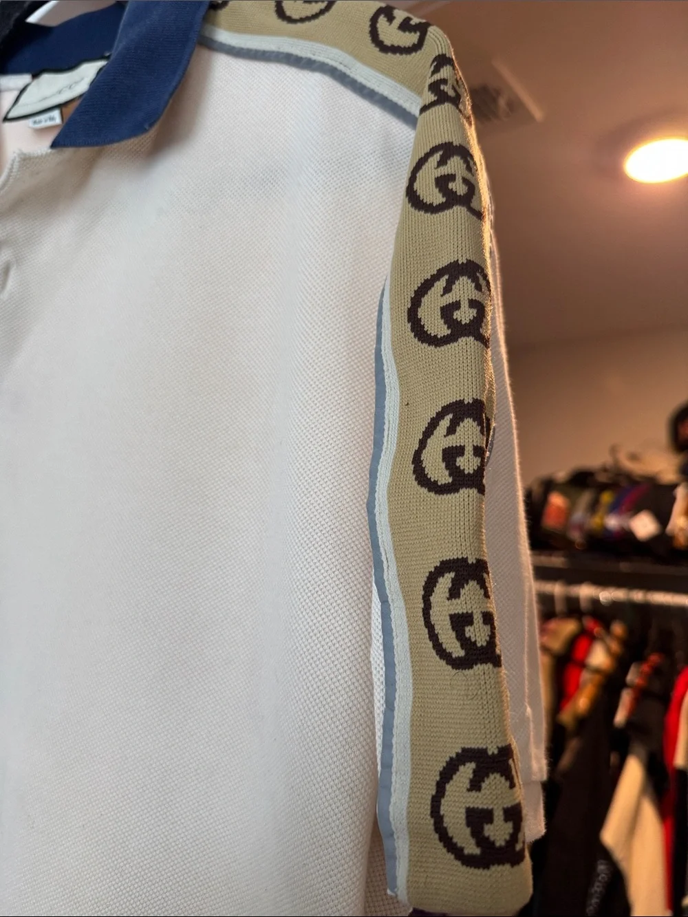 Gucci Pale Blue Polo with Navy Contrast Collar and Logo Tape
